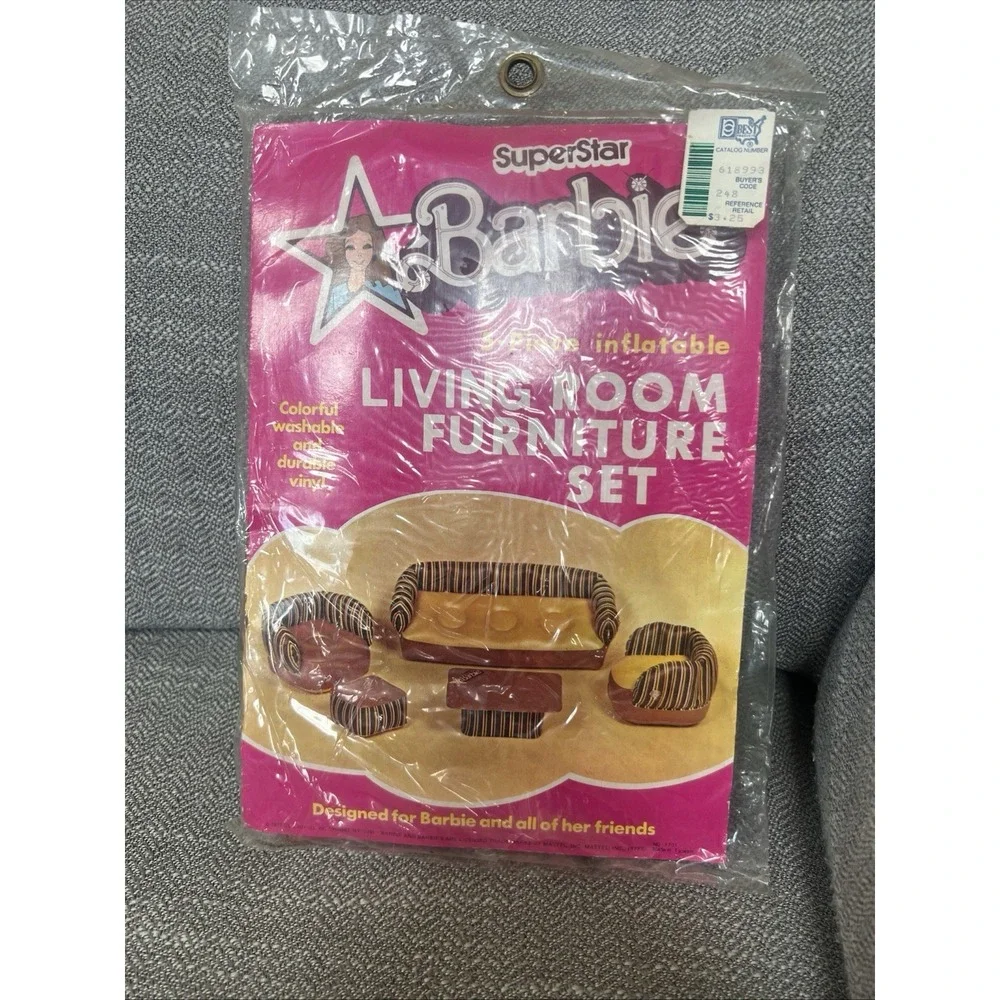 Barbie Superstar Inflatable Living Room Furniture Set Brown Yellow Stripe New